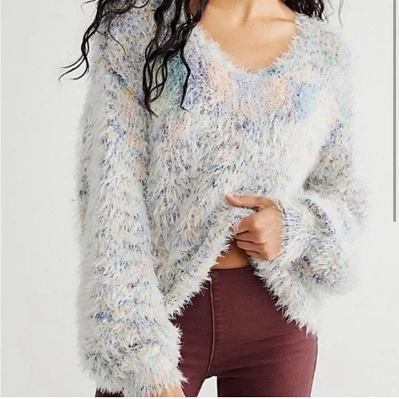 Free People oversized Cozy Multicolor Fuzzy Sweater - size large - Picture 1 of 6